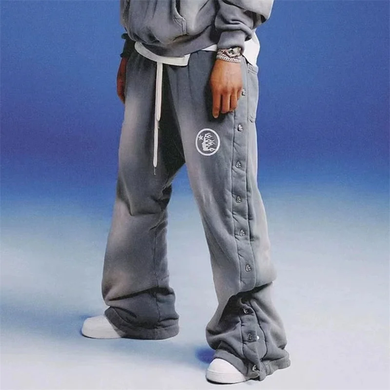 

Hellstar Logo Button Side Chest Pants Vintage Wash 1:1 Label Style High Quality Gray Casual Pants