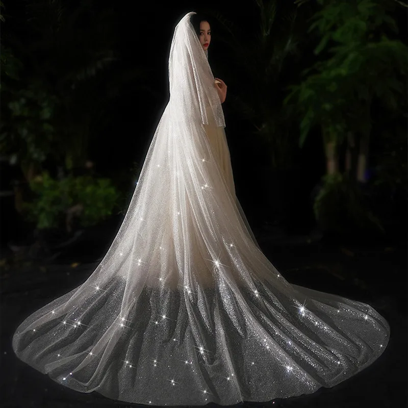 

Two Layers Bling Bling Bridal Veil Long Sparkly Glittering White Champagne Cathedral Sequins Blusher Face-Covered Veil With Comb