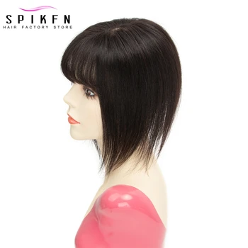 SPIKFN Human Hair Topper 12x13cm 8" 12" Natural Black Breathable Mono Base Hair Piece Inject Hair Net Top Wig Clips In Hairpiece