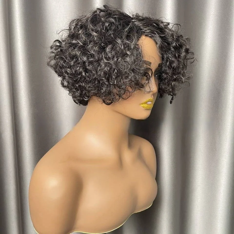 Women's Side Parted Short Curly Pixie Cut Bob， Human Hair Wig ,Full Machine Wigs， For Black Women Brazilian Remy Hair