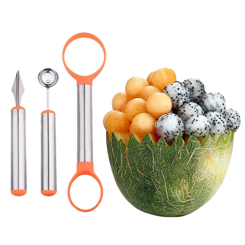 3 in 1 Stainless Steel Melon Baller & Carving Knife & Fruit Scoop Set