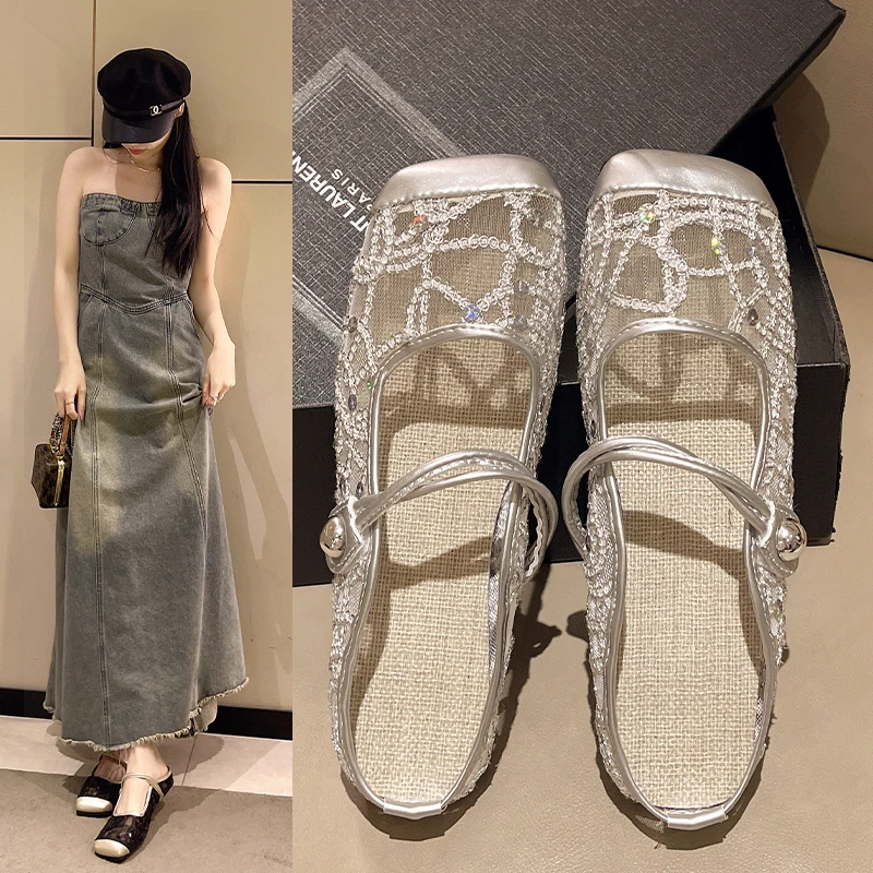 

Covered Toe Shoes 2024 Summer Women Sandal Lace Mesh Adult Durable Flat-heeled Shoes for Women Elegant Solid Color Wedge Female