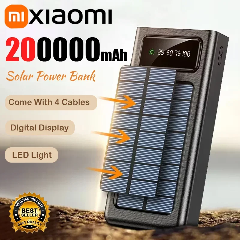 Portable Battery Charger Xiaomi Solar Power Bank 200000mAh Large Capacity Mobile Power Fast Charging Dual USB 4-Cables For iPhone Samsung