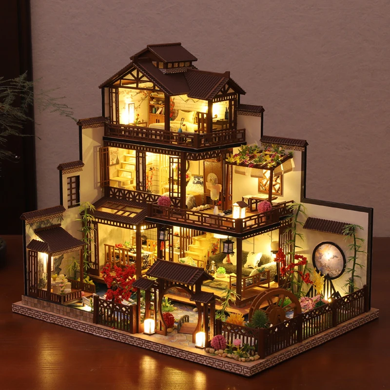 DIY Wooden Doll Houses Japanese Architecture Big Villa Casa Miniature