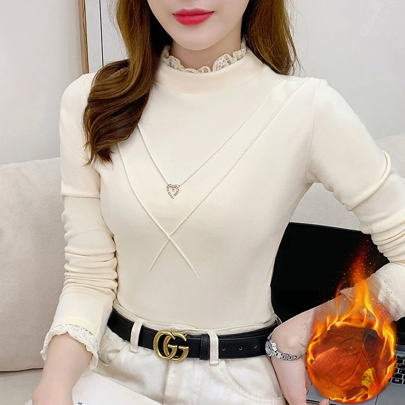 

Женская Кружевная футболка с длинным рукавом, осенняя Повседневная Уличная одежда, однотонная нижняя рубашка, женские пуловеры с высоким воротником, топы G643