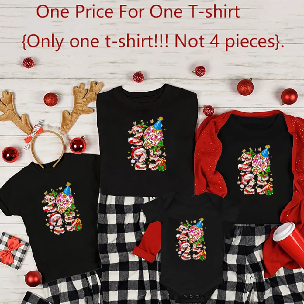 thumbnail image 1 of Feliz Año Nuevo 2025 Conjuntos familiares a juego Conjuntos navideños para mamá, papá y yo Camiseta navideña familiar Ropa festiva, 1 of 5