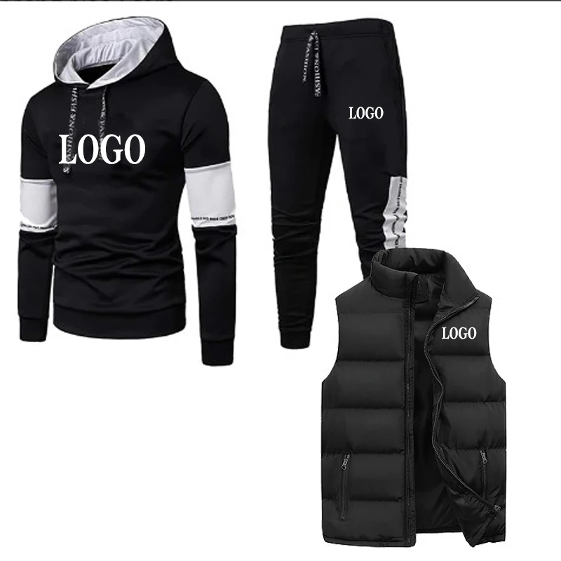 Custom LOGO Men Tracksuit Brand Hoodies and Pants and Sleeveless Jackets 3Pieces Set Fashion Casual Male Sportswear