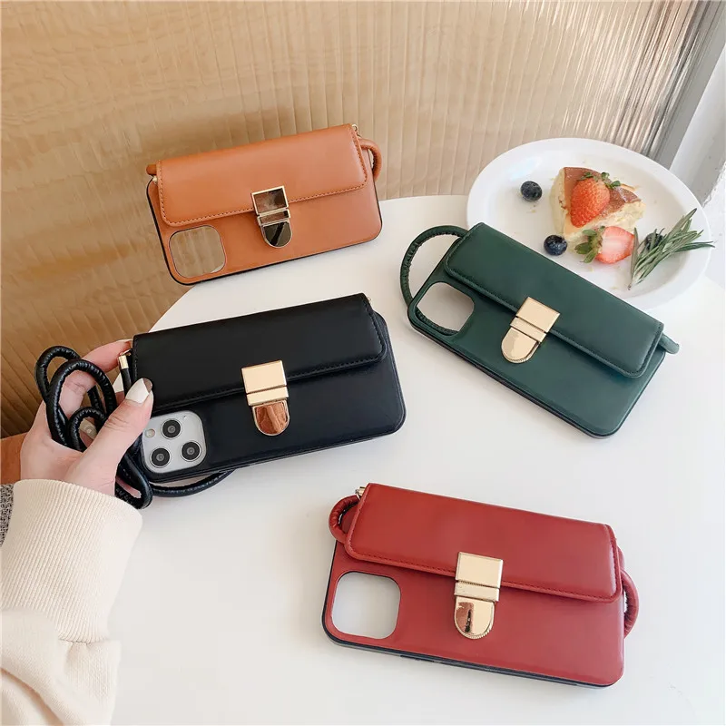 

Simple Card Pocket Solid Color Handbag Leather Brown Black Green Red Mobile Phone Case with Lanyard for iPhone 13 12 11 ProMax