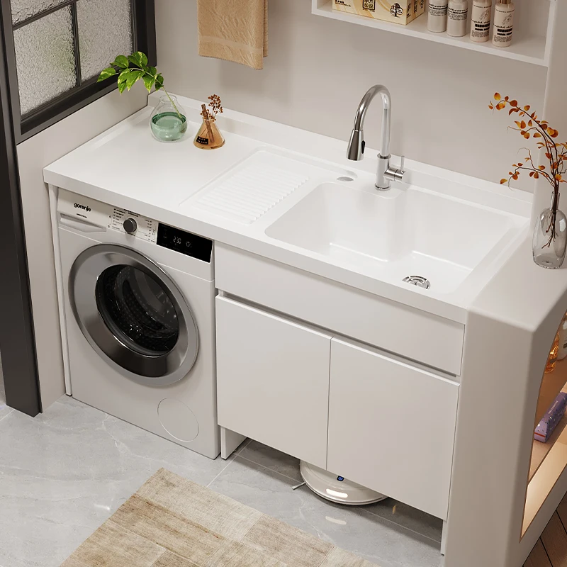 Stainless steel balcony laundry cabinet sweeping robot drum washing machine cabinet combination integrated basin laundry pool