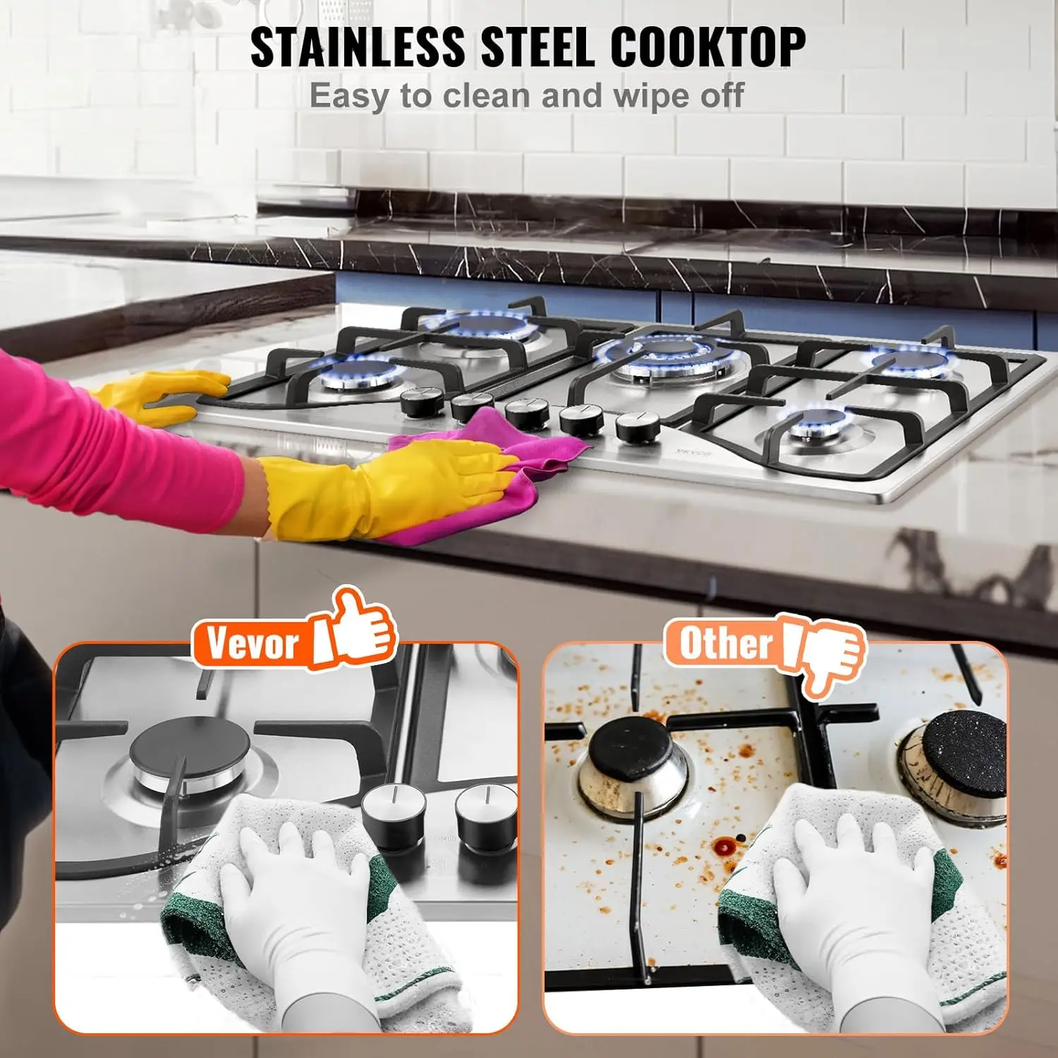 30-inch Gas Cooktop, 5 Burners Built-in Gas Stove Top, Convertible Stainless Steel Natural Gas Hob, wi 6