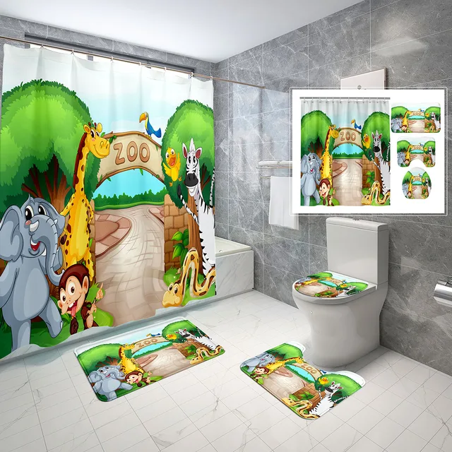 Feelyou Jungle Dino Conjunto de cortina de chuveiro de banheiro com dinossauro  verde cortina de banho de dinossauro de desenho animado para crianças  meninos meninas animais selvagens crianças acessórios de banheiro 182,8