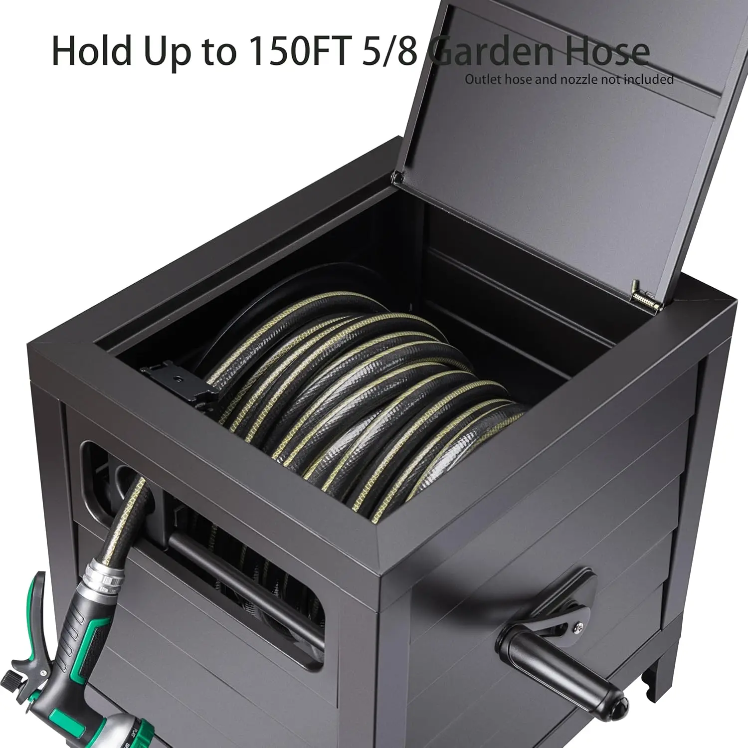 Metal Garden Hose Reel Deck box, Durable Steel Garden Hose Storage Box Cabinet, 150ft 5/8" Garden Hose Capacity.