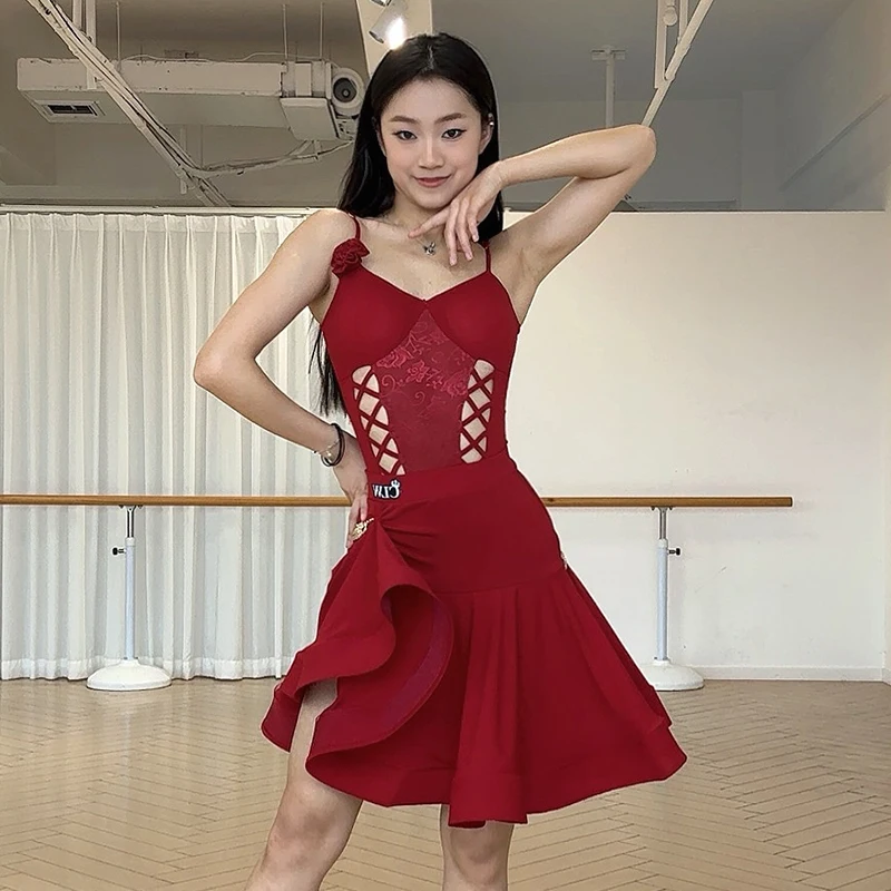 赤ラテンダンス競技ドレス女性レーススリングトップスフィッシュボーン