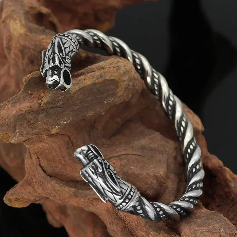 Norse Viking Wolf Head Bracelet Stainless Steel Opening Adjustable Wristband Cuff Snake Bangle for Men Fashion Jewelry stainless steel bracelet metal bracelet