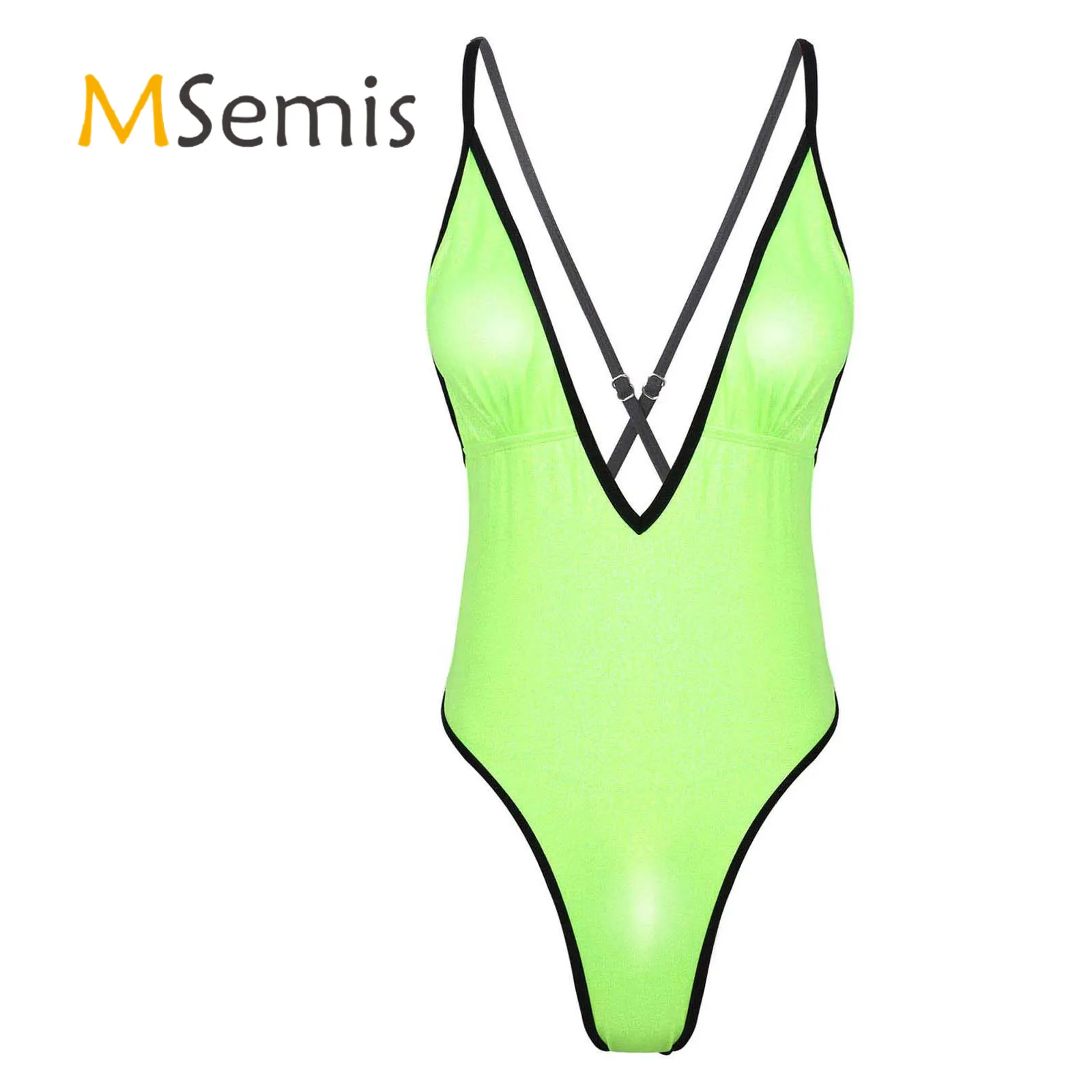 

Women's Monokini Swimwear One-Piece Swimsuit Shiny Deep V Neck Bodysuit High Cut Cross Back Adjustable Straps Leotard Costume