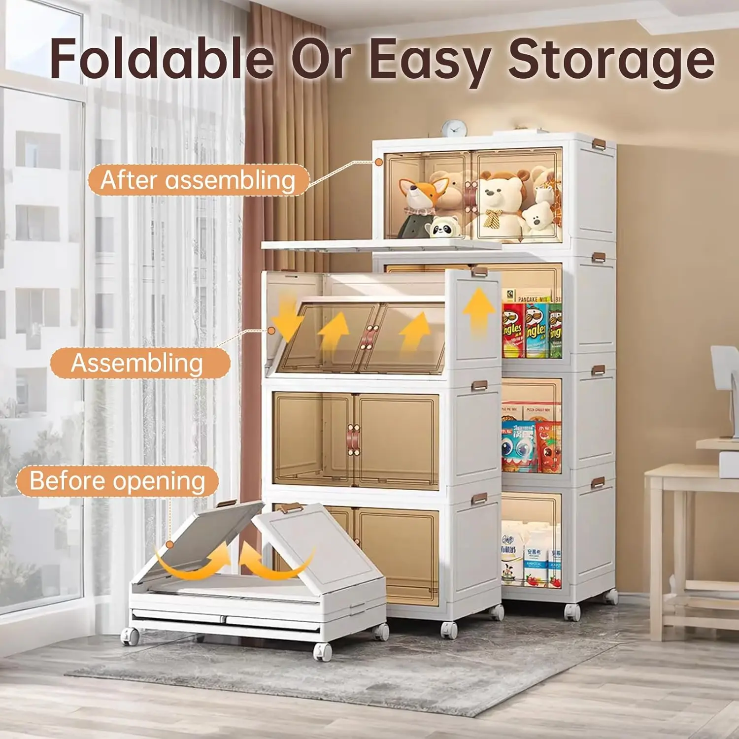 Stackable Storage Bins with Lids,Plastic Storage Cabinet & Collapsible Storage Bins for Bedroom,Living Room