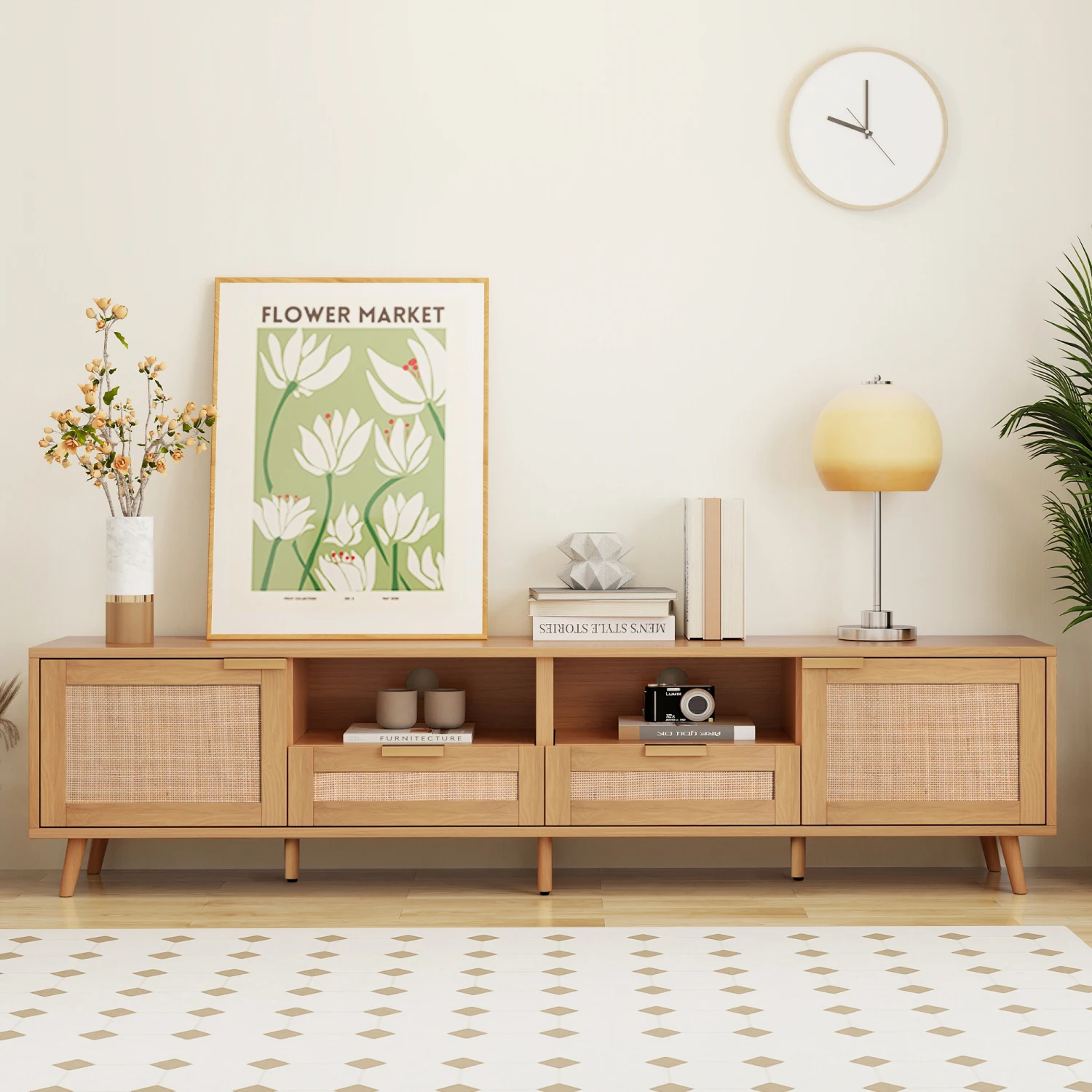Rattan TV Stand for TVs up to 85'', Modern Farmhouse Media Console, Entertainment Center with Solid Wood Legs, TV Cabinet for Li 4