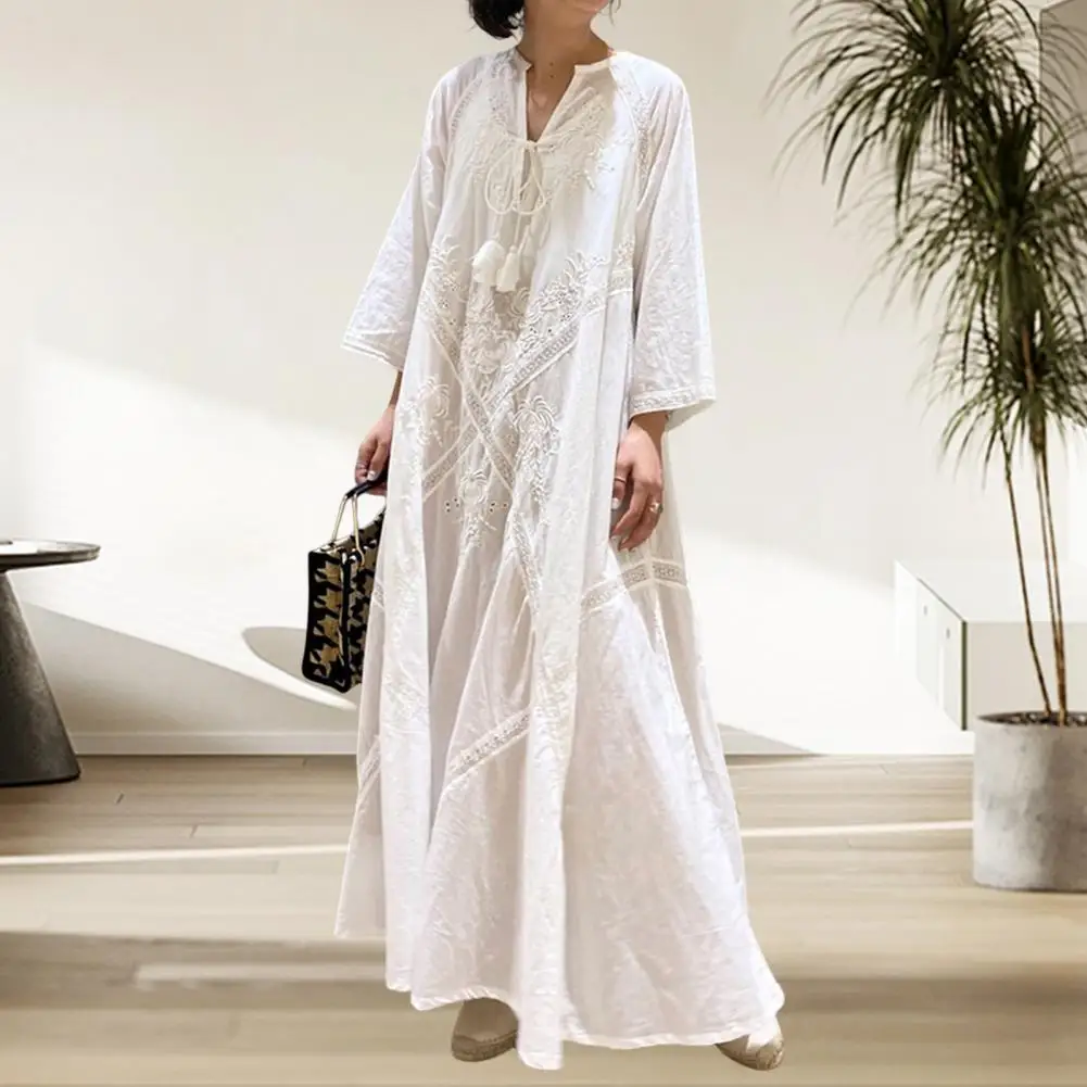 Lace Dress Crochet Hollowed Out Long Sleeves Large Hem 2024 Spring Summer New Hollow Out Elegant Lady Fashion Loose Women Robe