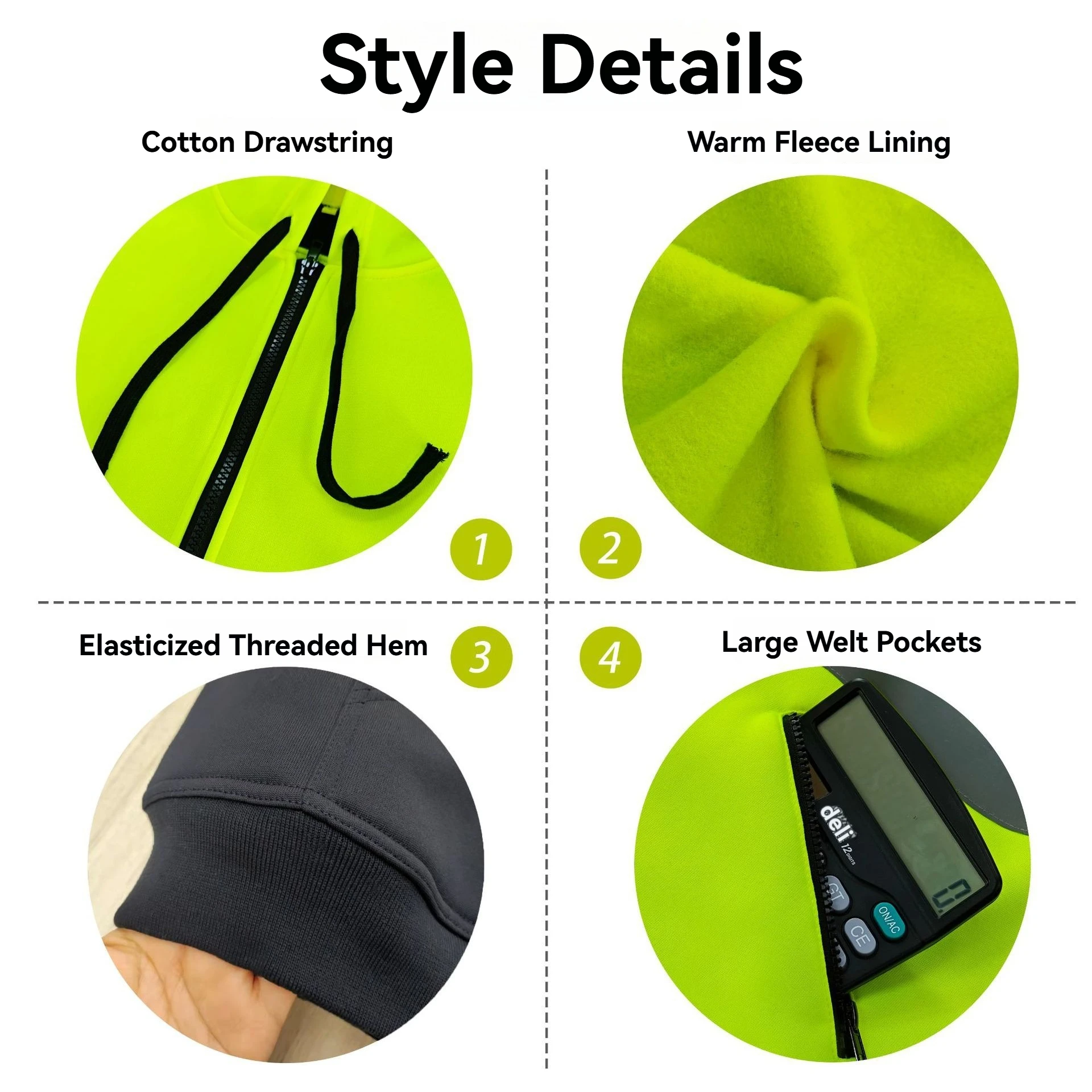 남녀공용 고시인성 반사 후드티, 지퍼형, 사이클링, 오토바이 라이딩, 교통 작업자용