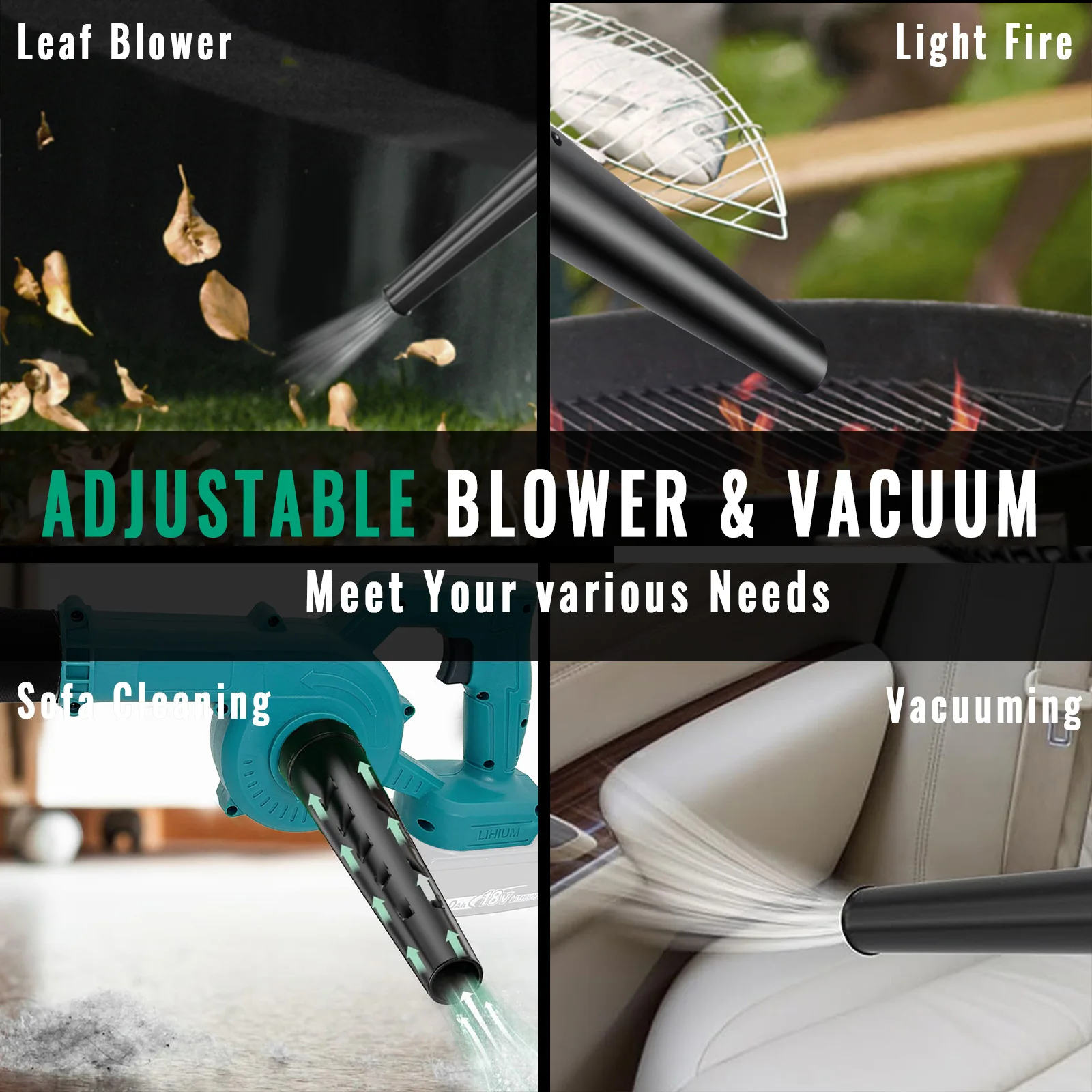 Sada bezkábového fúkača lístia s batériami a manuálom zobrazená spolu