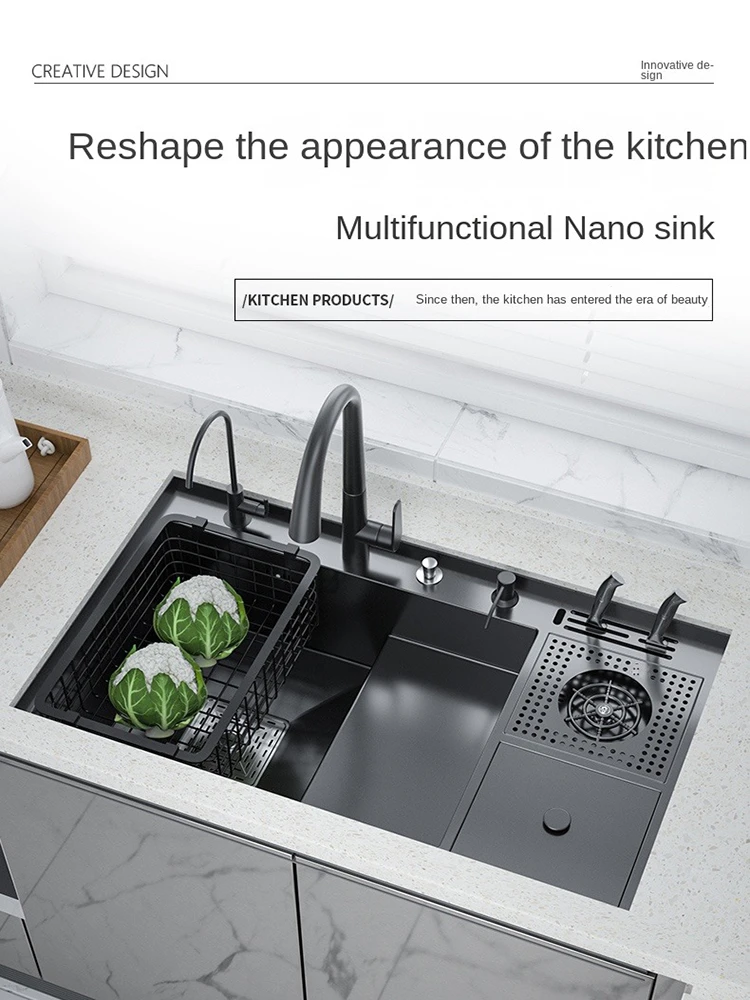 Multifunctional Kitchen Nano 304 Stainless Steel Step Sink With Cup