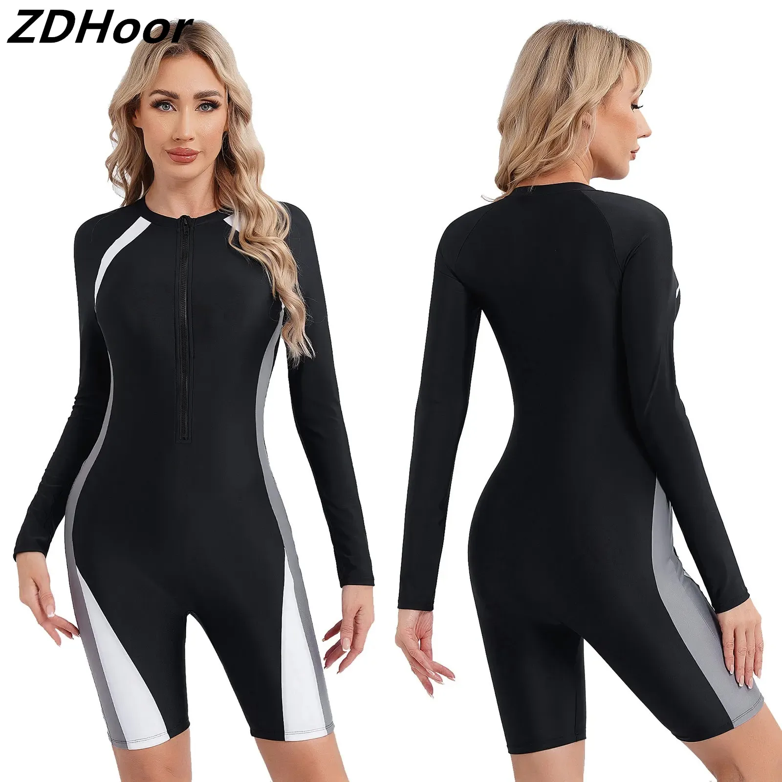 

Women One-piece Athletic Swimsuit Surfing Wetsuit Long Sleeve Padded Boyleg Zipper Swimwear UPF50+ Rash Guard Beach Bathing Suit