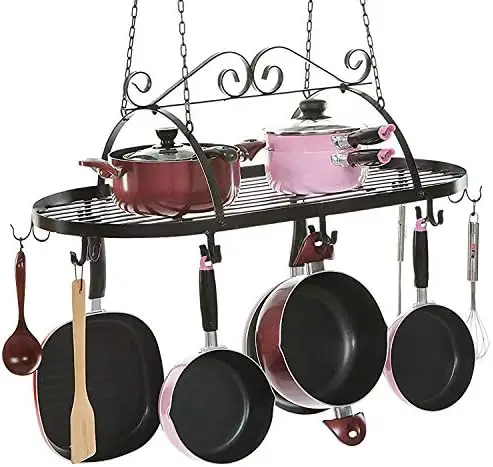 

Scrollwork Metal Pot and Pan Ceiling Hanging Heavy Duty Cooking Pans and Utensil Hanger with 10 Dual Hooks Modern plates Green