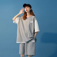 DAYIFUN Fake Two Pieces Tracksuits Women Oversize T Shirt Sporting Short Pants Monochromatic Streetwear Sweat Sets Summer Outfit 2