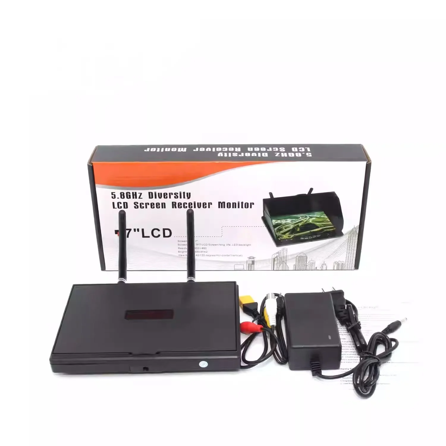 Moniteur FPV 7 pouces avec DVR 5.8G 40CH double récepteur et batterie intégrée affichant un signal vidéo clair.