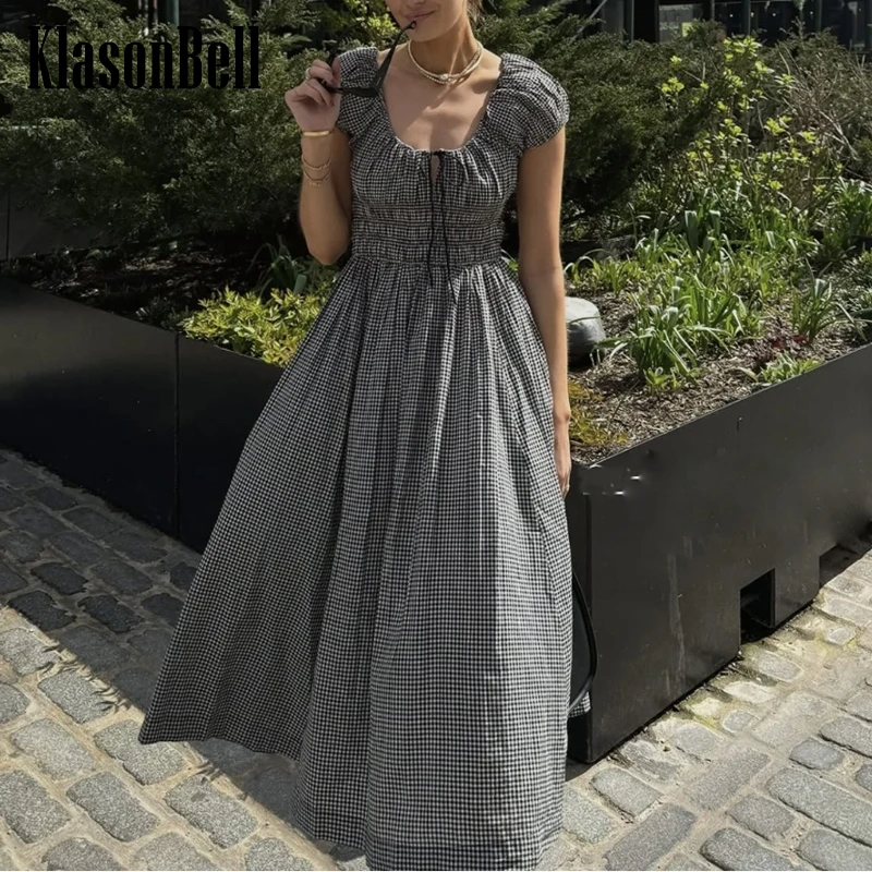 

5.24 KlasonBell Europe America Vintage Plaid Cotton Midi Dress For Women Lace-up Adjustable Round Collar Collect Waist Dress