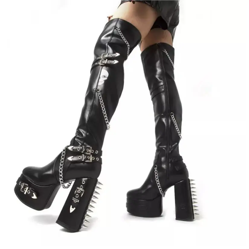 Women High Heel Boots Studded Platform Knee High Round Toe Leather Chuck Heel