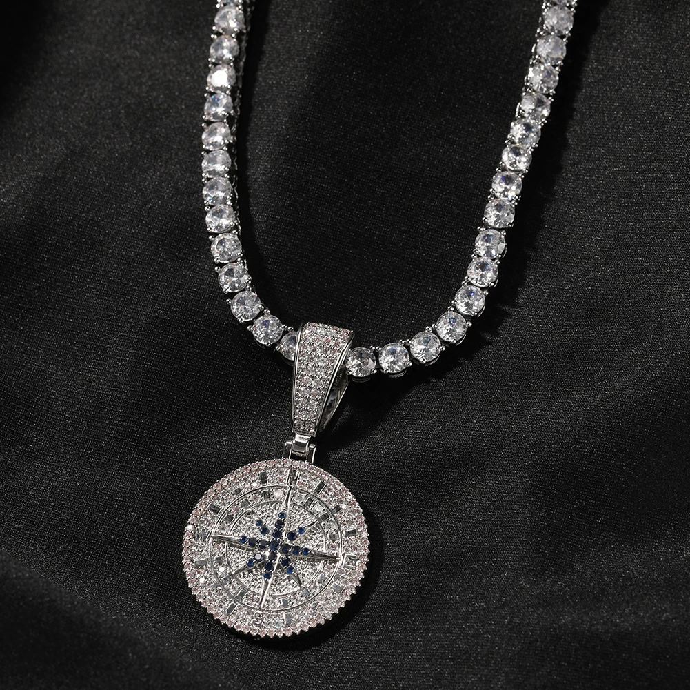 THE BLING KING Compass Pendant Iced Out 5A Cubic Zirconia Pendant Chain HipHop Fashion Jewelry Gift For Men Women