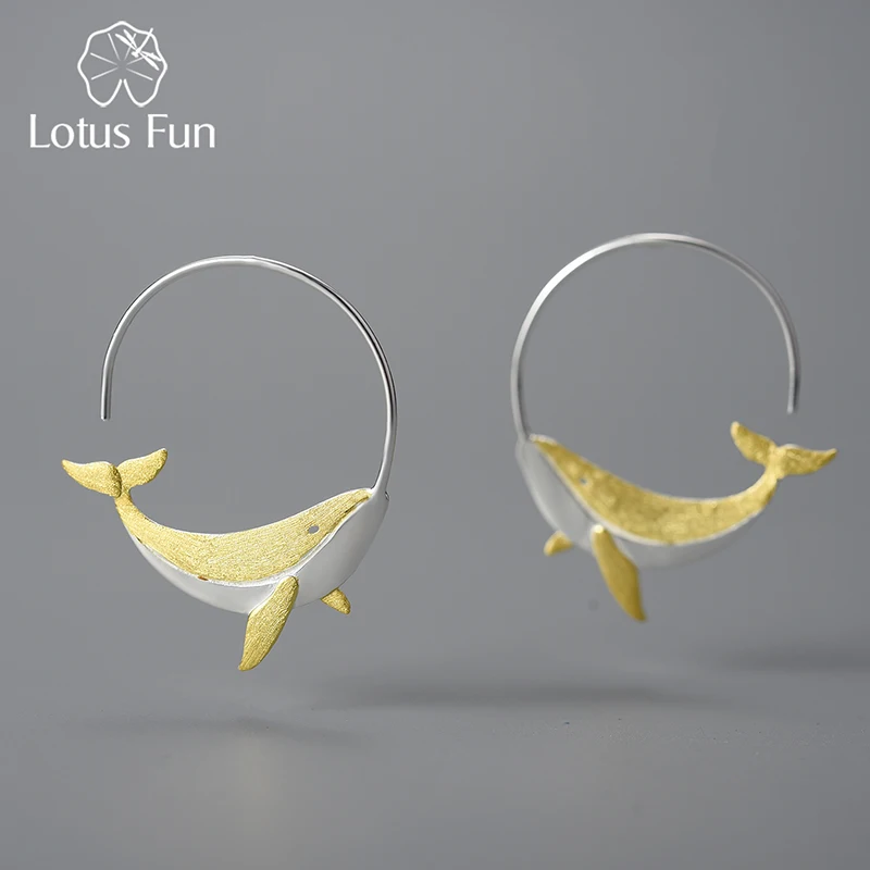 Lotus Fun 18K Gold Personality Whale Round Hoop Earrings for Women