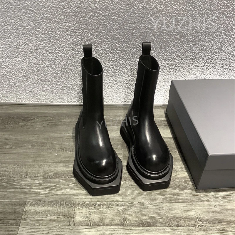 

New Round Toe Women Cowhide Chelsea Boots Thick Sole Platform Ankle Boots Black Autumn Botas Mujer Ladies Slip On Middle Boots