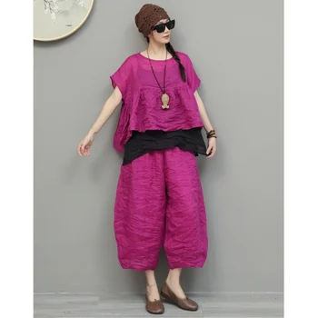 Elegant Lightweight Ramie Suit For Women Summer Short-sleeve Loose Top + Cropped Pants Two Piece Set XY145 1
