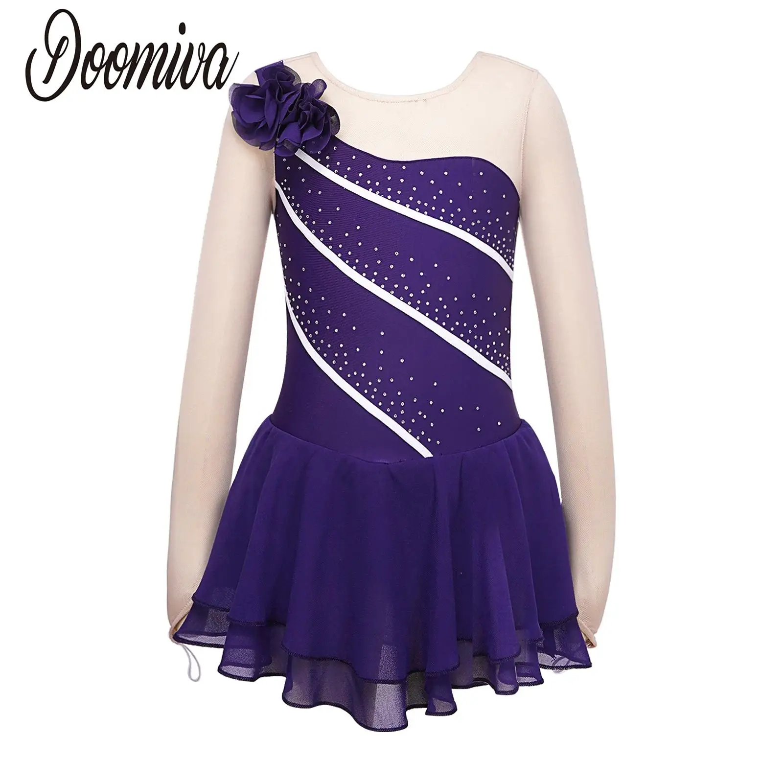 

Girls Figure Skating Dress Glitter Roller Ice Skating Dress Kids Dance Wear Long Sleeve Ballet Dress Leotard Latin Dance Costume