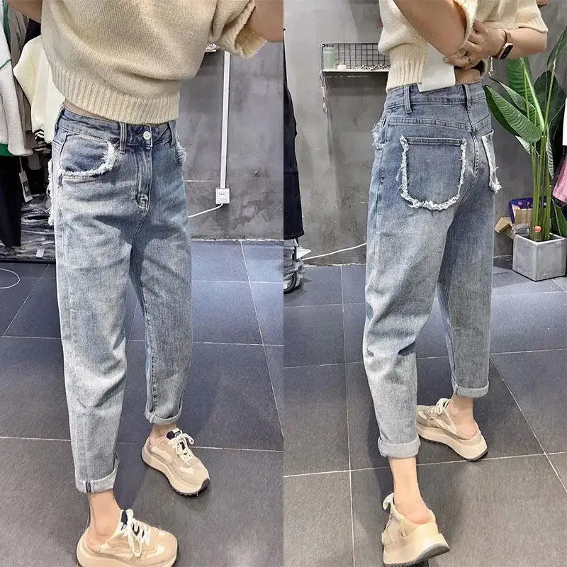 Harem Pants Korean Version Light Blue Jeans Women's 2022 Spring and Autumn New Large Size High Waist Loose Raw Edge Daddy Pants