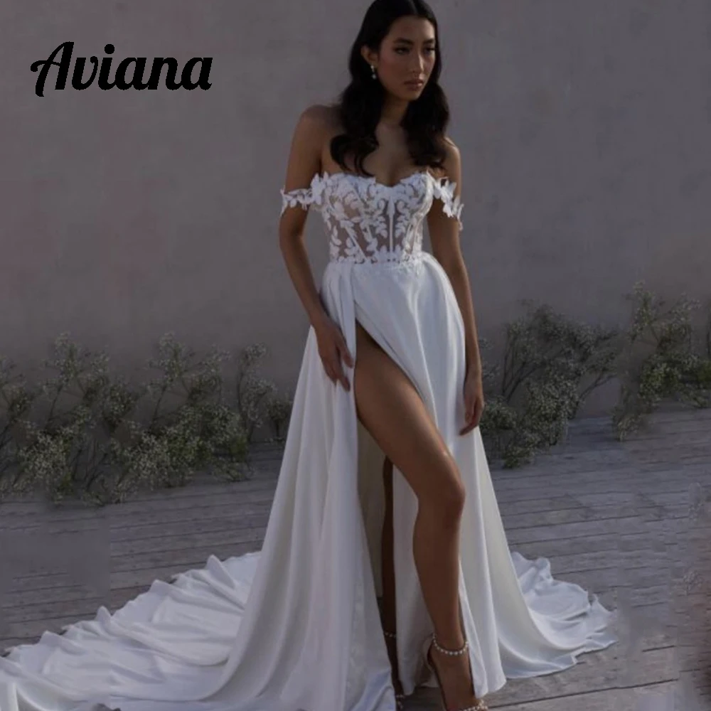 

Aviana Modern Satin Wedding Dress 2024 Sexy Side Slit Backless Bridal Gows Off The Shoulder A-Line Sweep Train Vestido de novia