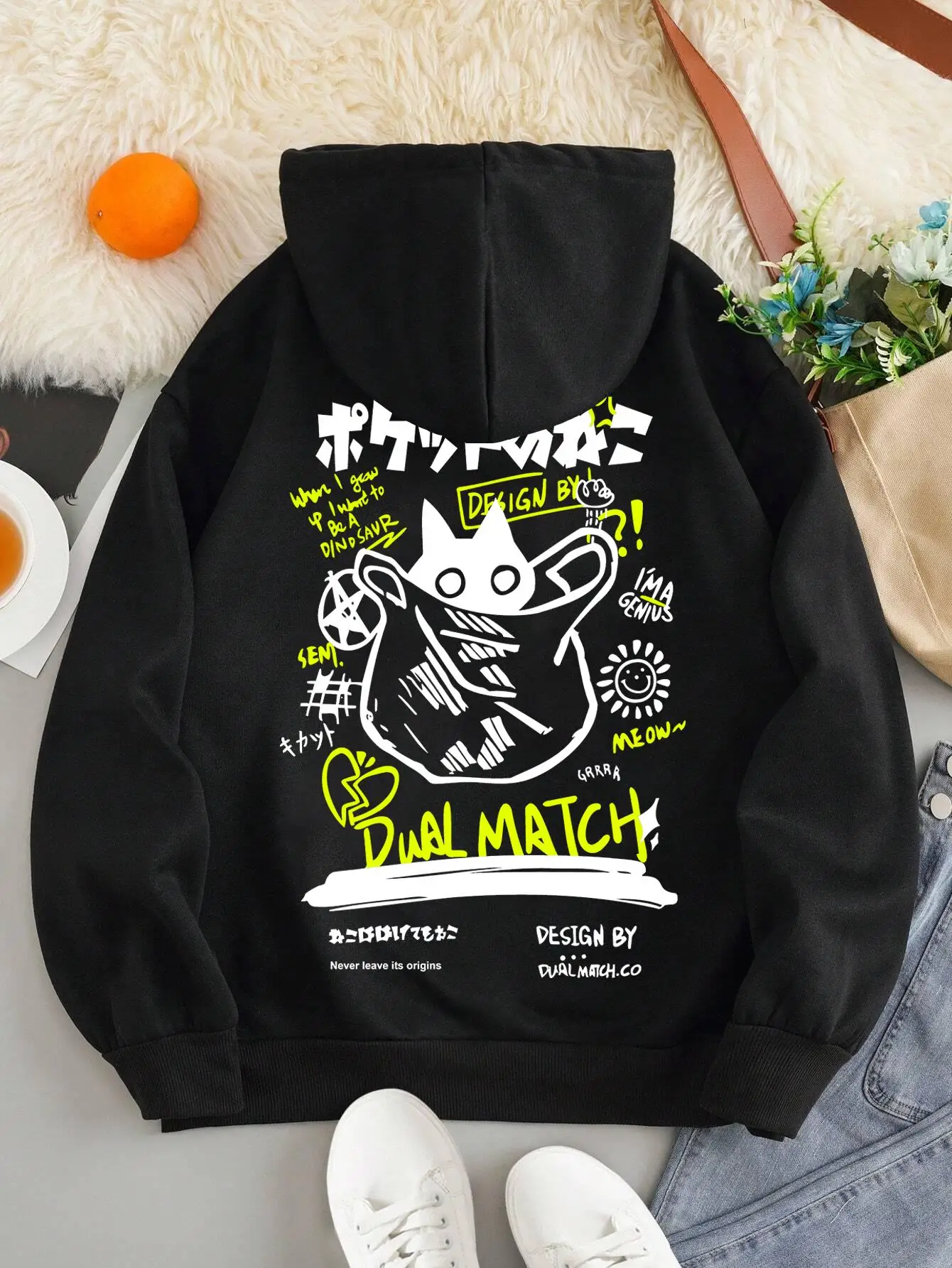 Cute Cat Cartoon Printed Sweatshirt Women Harajuku Casual Loose Hooded Fashion Soft Pocket Hoodies Autumn Warm Female Clothes 5