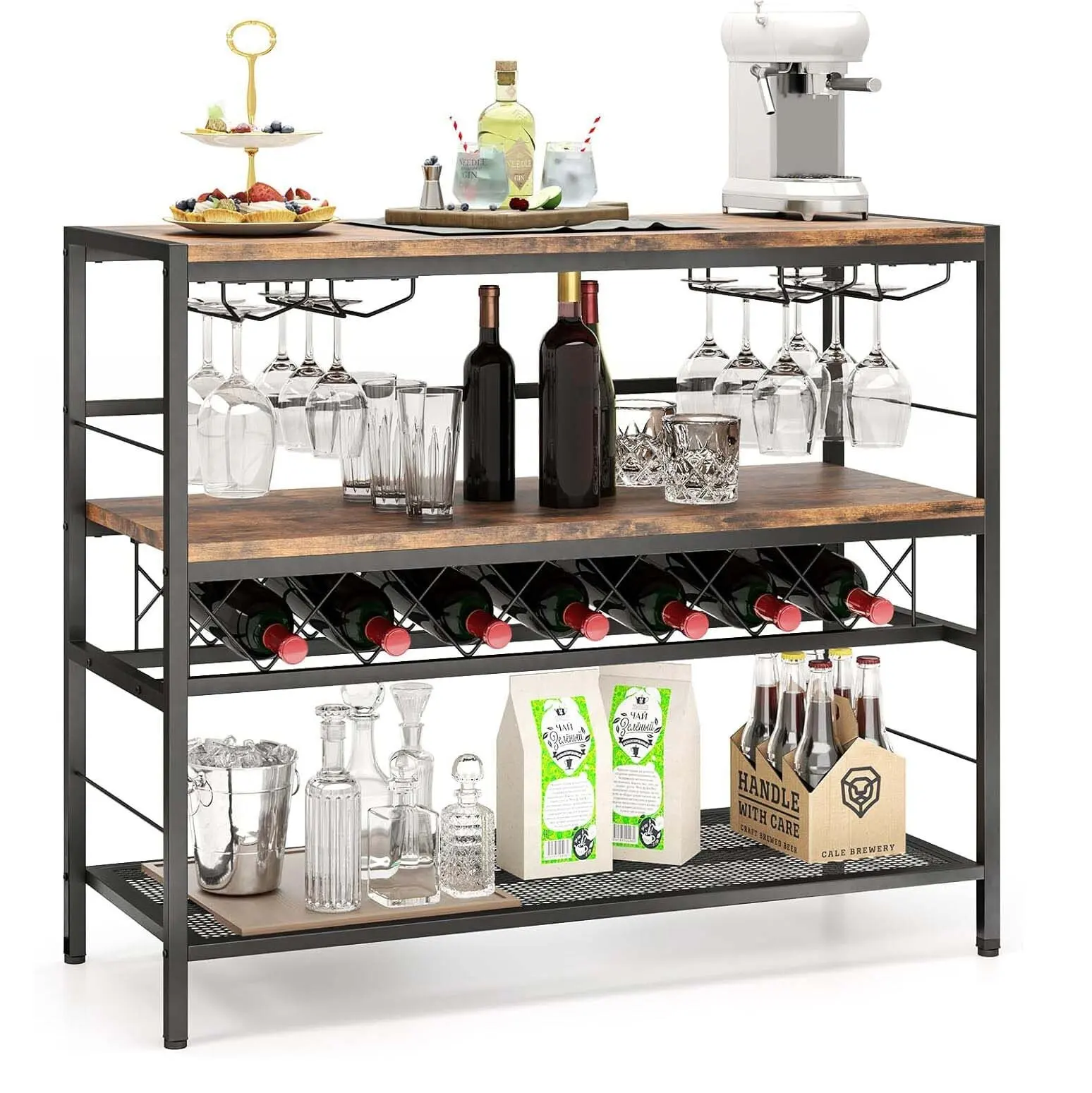 Home Bar Cabinet with 4 Rows Glass Holder & Wine Rack for 7 Wine Bottles, Kitchen Rack 4 Tiers, Metal Frame, Rustic Brown