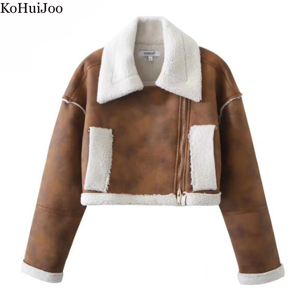 

KoHuiJoo Suede Jacket Women 2022 Winter Fashion Faux Leather Vintage Lamb Wool Coat Loose Warm Light Coffee Zipper Short Jacket