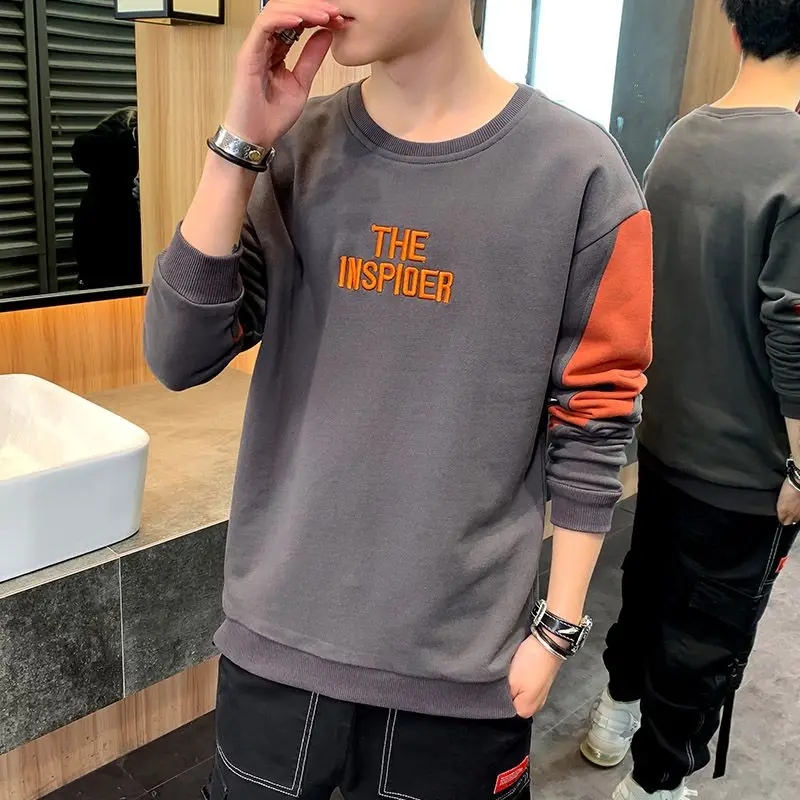 Men's Clothing Stylish Letter Embroidery Pullovers Spring Autumn Round Neck Korean Loose Spliced Long Sleeve Basic Sweatshirts