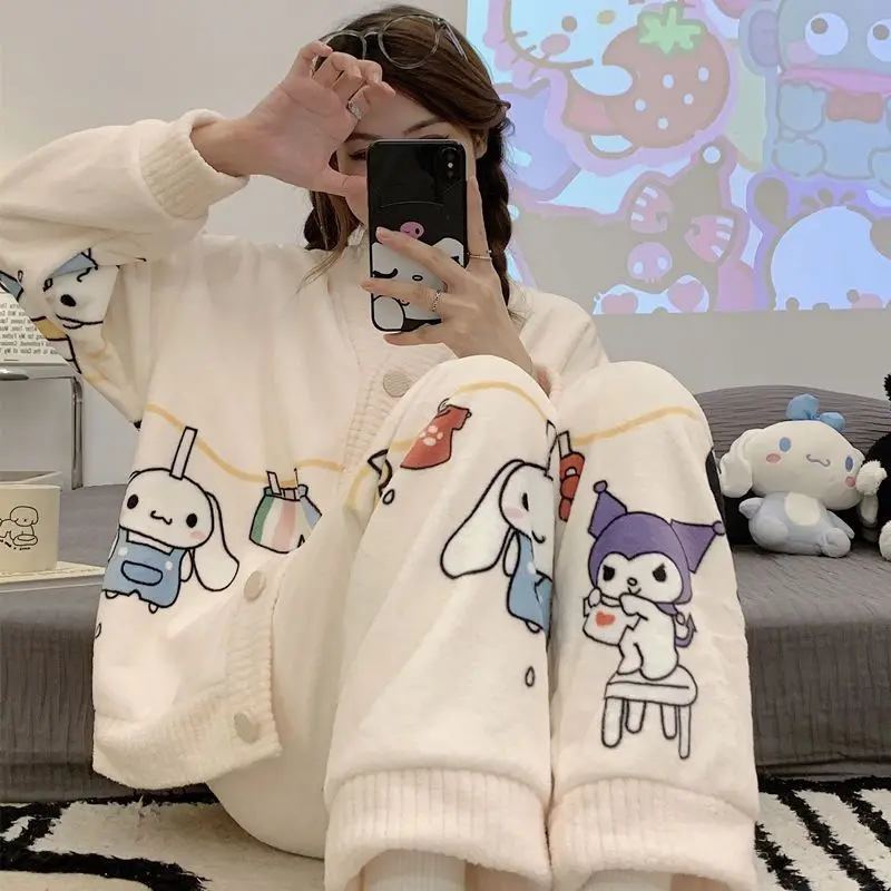 

Anime Sanrio Plush Nightgown Kuromi Cinnamoroll Cute Cartoon Kawaii Thickening Warm Coral Fleece Pajamas Sets Toys Gifts