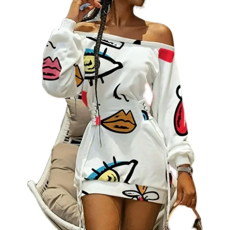 430907004Spring New European and American Women's Wear Oblique Neck Tie Dye Print Long Sleeve Loose Dress Trend