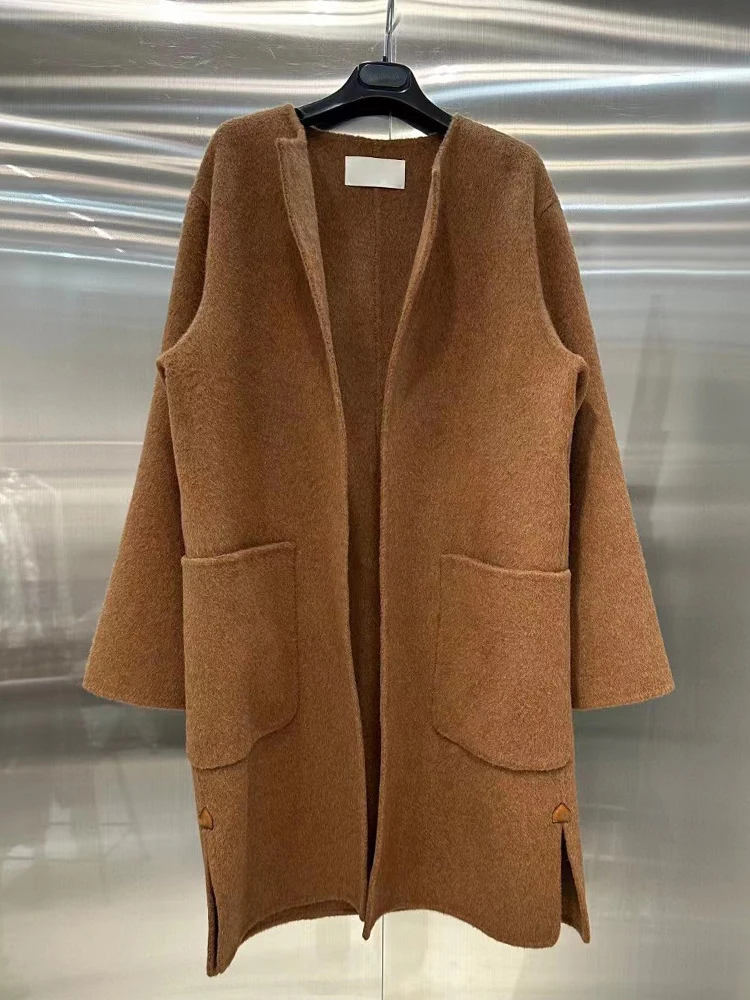 

Vintage solid color alpaca coat coat with large pockets under spread Women's new fashion loose woolen coat for autumn/winter