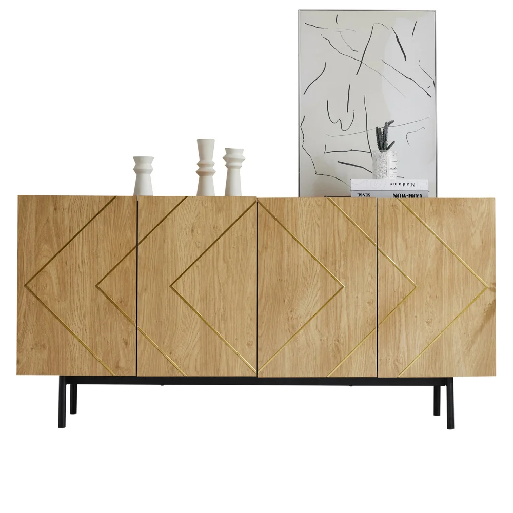 PINGGO Modernes Sideboard Wohnzimmer 4 Türen Metalleinlage Buffet Schrank Vielseitig Naturholz 78x160x40cm – Detail 13