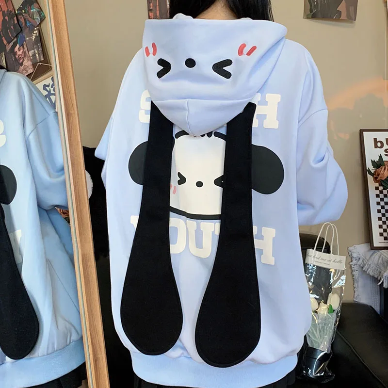 

Kawaii Sanrioed Anime New Pachacco Long Ears Cardigan Hooded Sweater Cute Cartoon Girls Autumn Loose All-Match Coat Tops