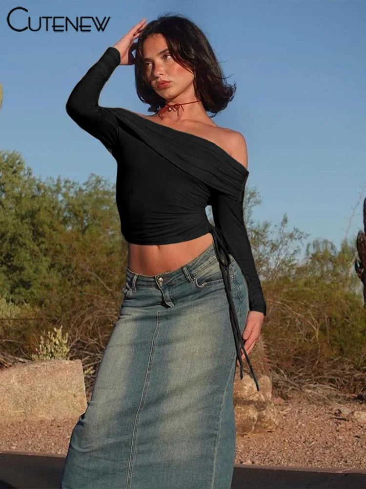 Camisetas con hombros descubiertos para mujer, camisetas clásicas lisas de otoño de manga larga, ajustadas y ajustadas, camisetas urbanas sencillas y salvajes para mujer