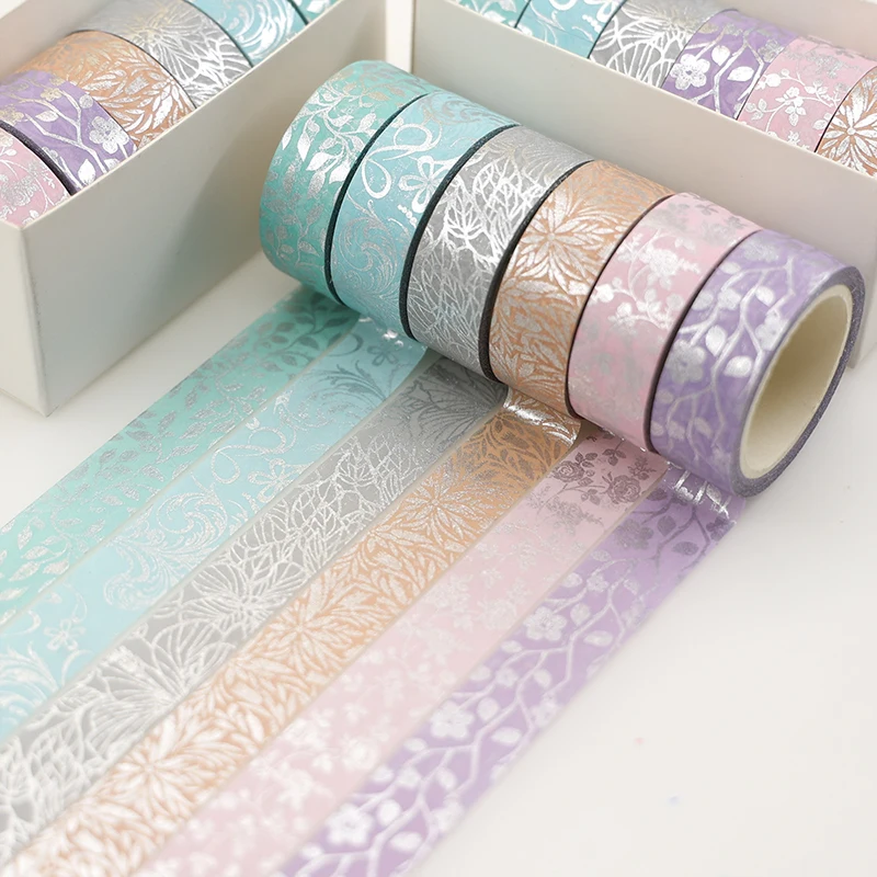 6pcs 실버 호 일 꽃 Washi 테이프 세트 15mm * 5m 꽃 접착제 마스킹 테이..