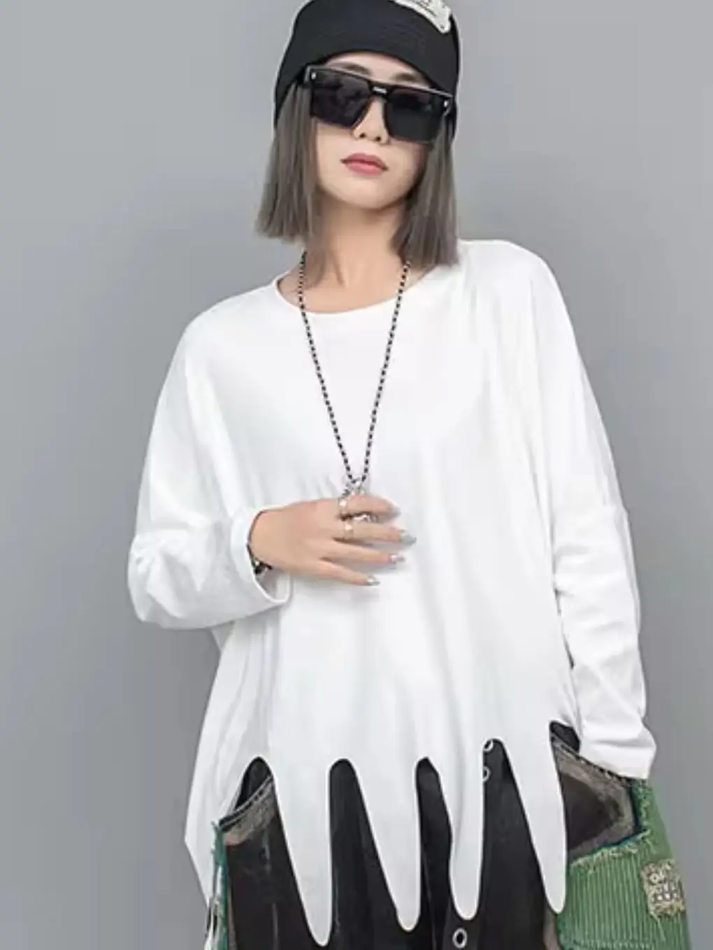

Women Fashion Personality Versatile Loose Irregular Wavy Tassels Solid Color Long Sleeve Bottom Streetwear T-shirt Pullover Top